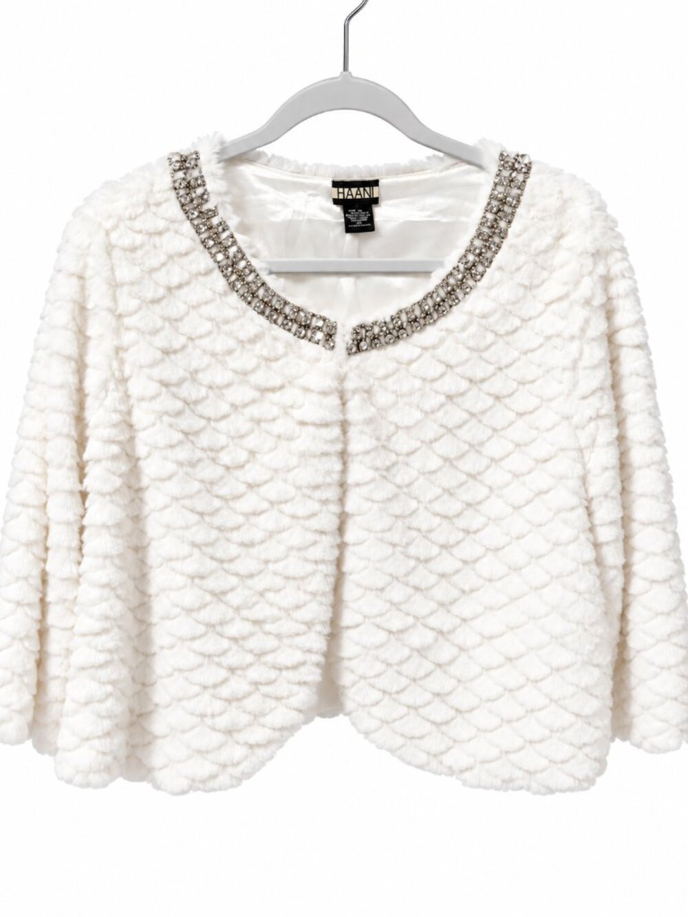 HAANI Faux Fur Jacket Women XL Ivory Rhinestone Bridal Evening With Defect